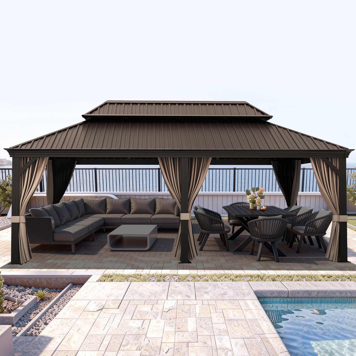 Patioslife Haven Hardtop Gazebo – Heavy-Duty Aluminium Frame, Double-Vented Roof & Curtains, Patio Pergola for Garden or Backyard