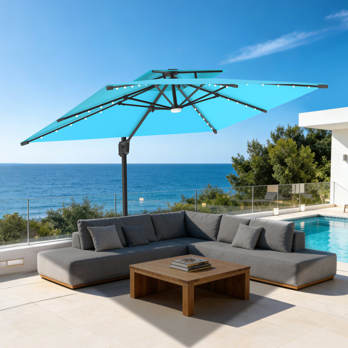 Patioslife Aegis Pro All-weather Cantilever Parasol with LED Lights, Reinforced & Powder-Coated Aluminium Ribs and Pole — Perfect for Garden & Patio