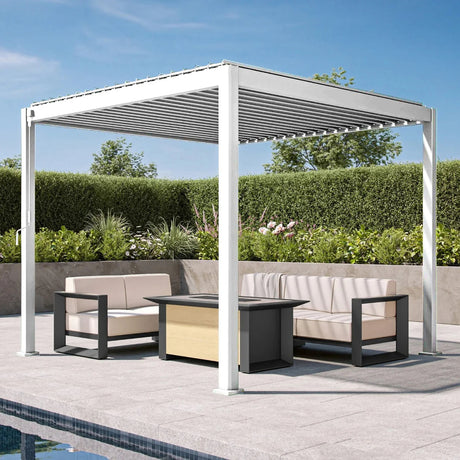 Patioslife Atlantic™，Louvered Pergola，Aluminium Frame，Adjustable Roof，Built-In LED Lights，Freestanding Design，All-Weather Shelter，Deck Pergola，Patio Pavilion，Poolside Shade，Outdoor Entertaining，Weatherproof，Sunshade & Rain Protection，Modern Outdoor Furniture，Luxury Patio Structure，Contemporary Design，Premium Outdoor Living,white