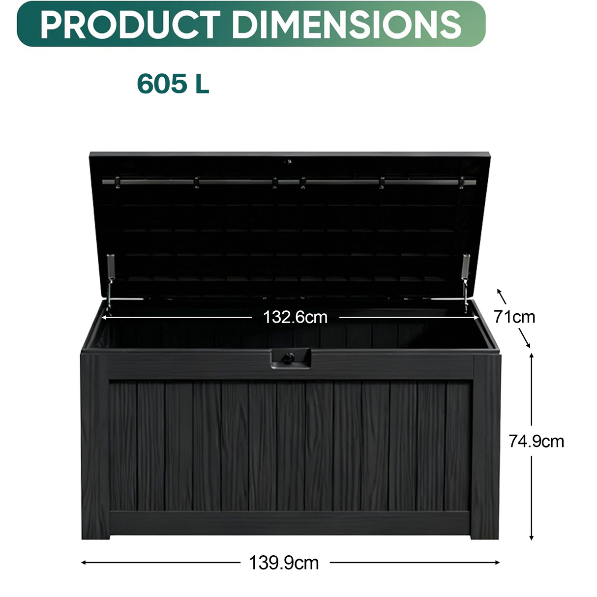 605L outdoor deck box dimensions with 139.9cm length, 74.9cm height and large waterproof resin storage capacity