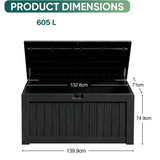 605L outdoor deck box dimensions with 139.9cm length, 74.9cm height and large waterproof resin storage capacity