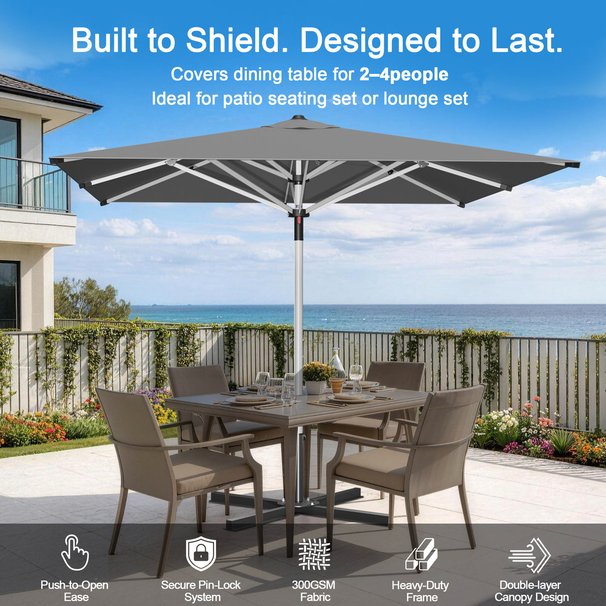 Patioslife Garden Parasol — Square & Round | Heavy-Duty Aluminium Pole, Double Vent Canopy | 2.7m, 3m & 3.35m