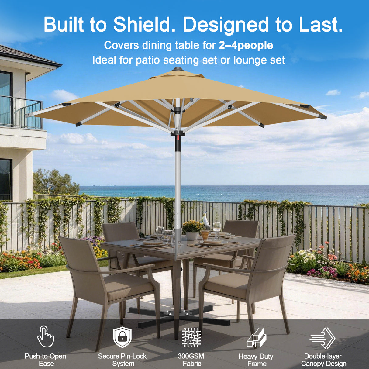 Patioslife Garden Parasol — Square & Round | Heavy-Duty Aluminium Pole, Double Vent Canopy | 2.7m, 3m & 3.35m