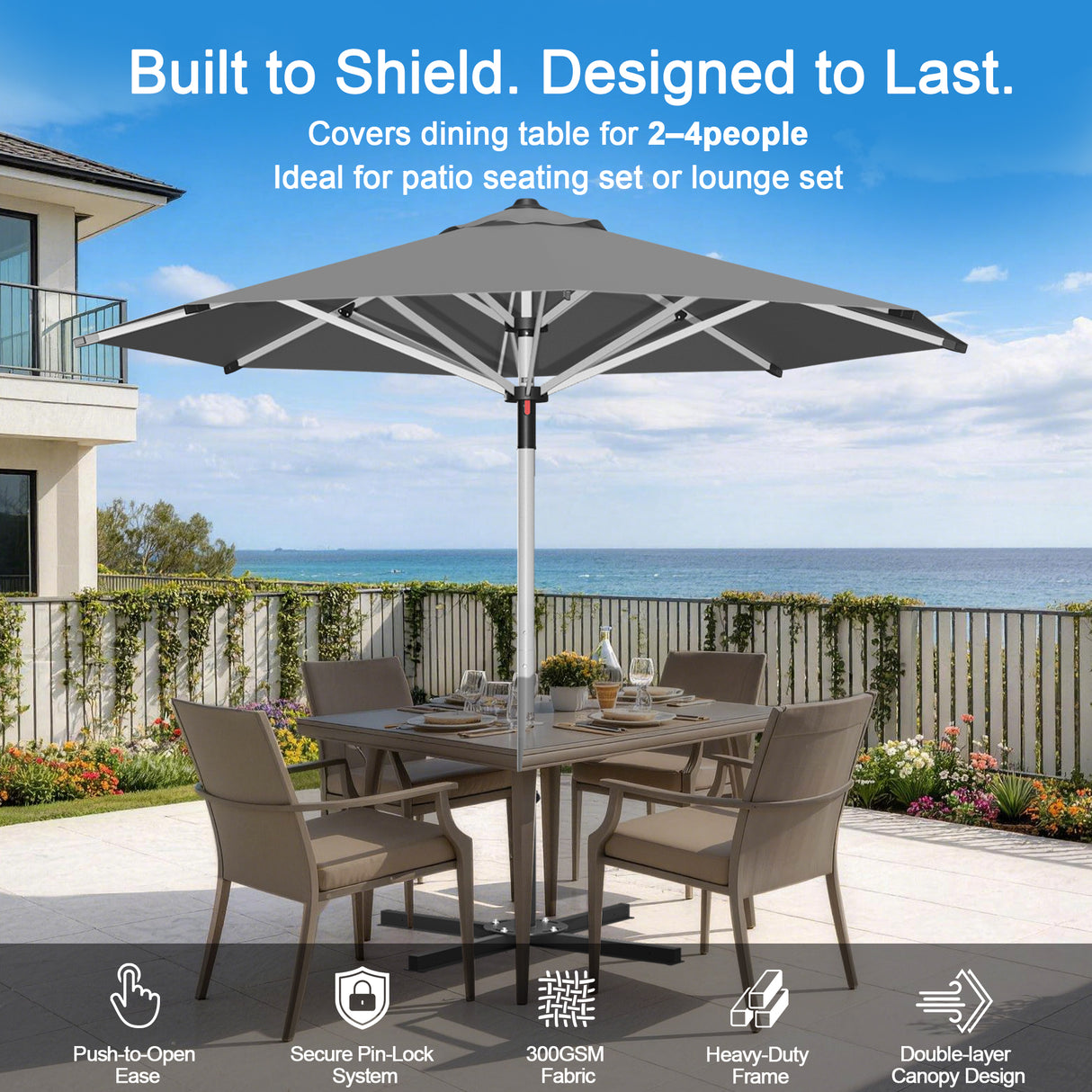 Patioslife Garden Parasol — Square & Round | Heavy-Duty Aluminium Pole, Double Vent Canopy | 2.7m, 3m & 3.35m