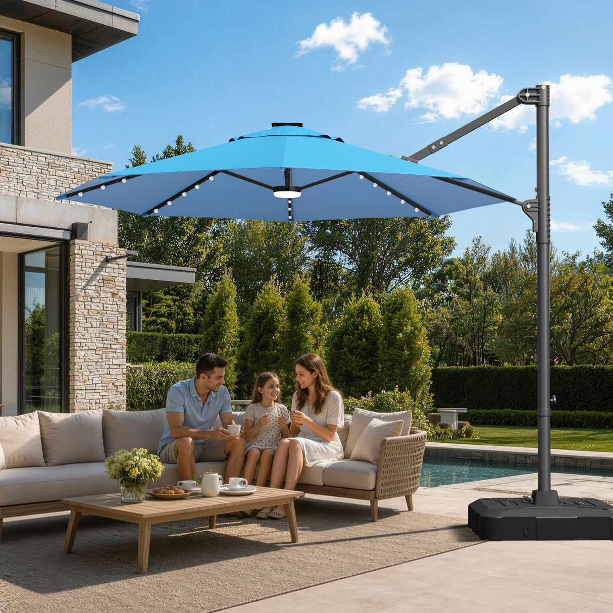 Patioslife Aegis Pro Round Cantilever Patio Umbrella with Solar LED Lights & Shade Protection