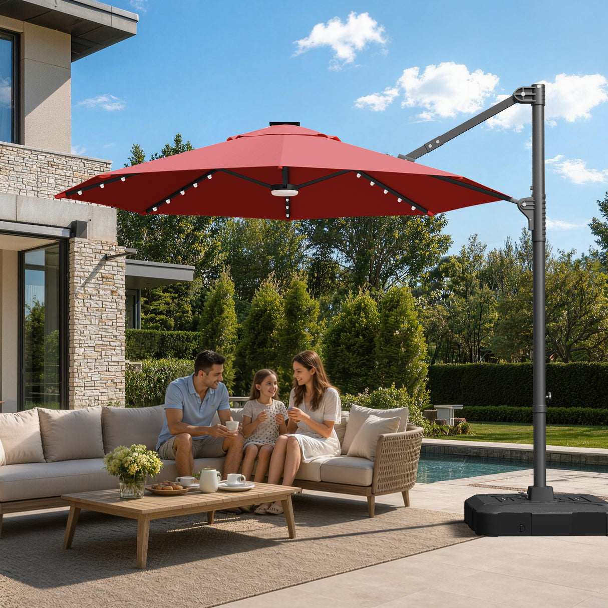 Patioslife Aegis Pro Round Cantilever Patio Umbrella with Solar LED Lights & Shade Protection
