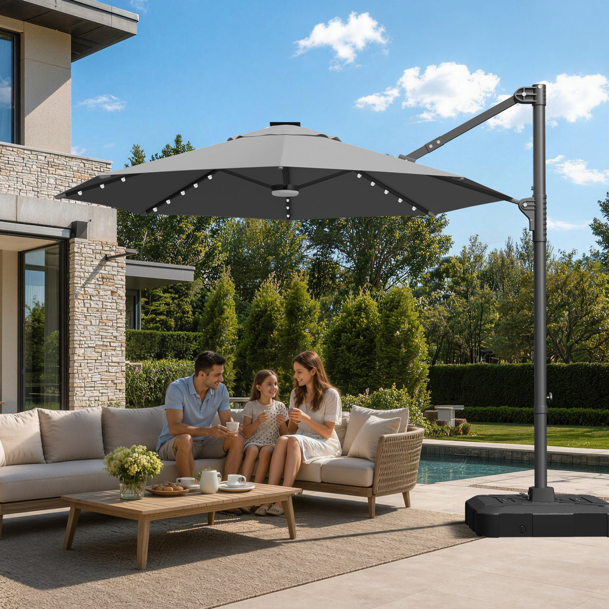 Patioslife Aegis Pro Round Cantilever Patio Umbrella with Solar LED Lights & Shade Protection