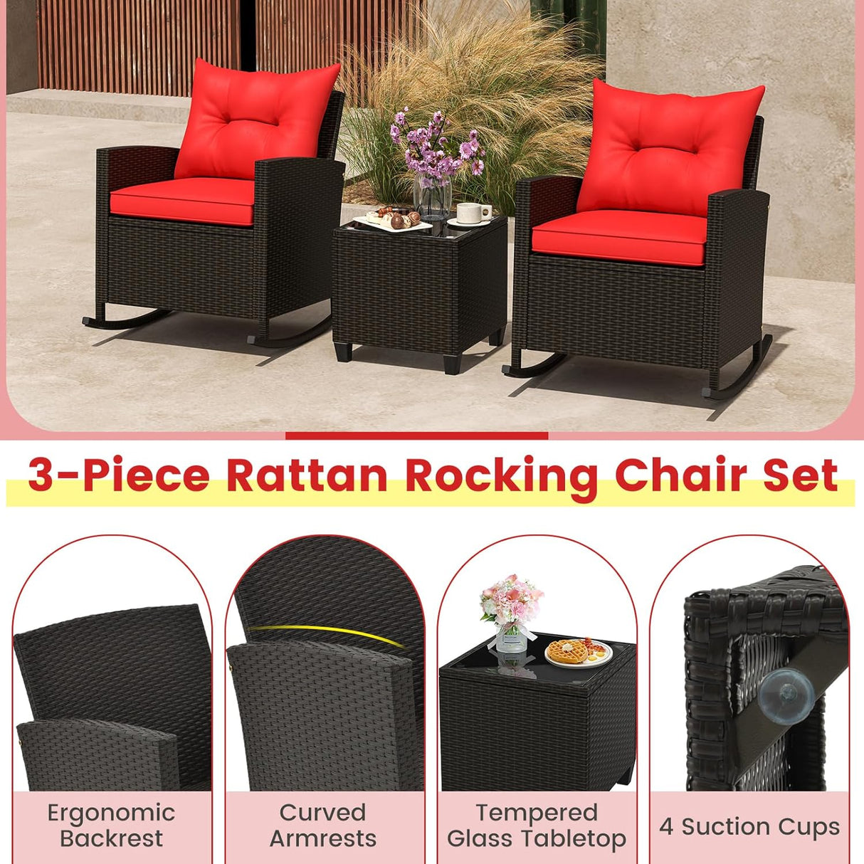3-Piece Outdoor Wicker Rocking Chair Set – Patio Furniture with Soft Cushions & Glass Coffee Table – Rattan Bistro Set for Porch, Balcony, Garden, or Poolside