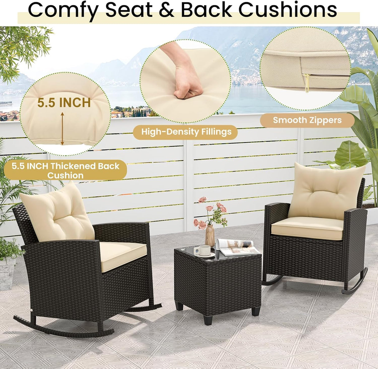 3-Piece Outdoor Wicker Rocking Chair Set – Patio Furniture with Soft Cushions & Glass Coffee Table – Rattan Bistro Set for Porch, Balcony, Garden, or Poolside