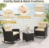 3-Piece Outdoor Wicker Rocking Chair Set – Patio Furniture with Soft Cushions & Glass Coffee Table – Rattan Bistro Set for Porch, Balcony, Garden, or Poolside