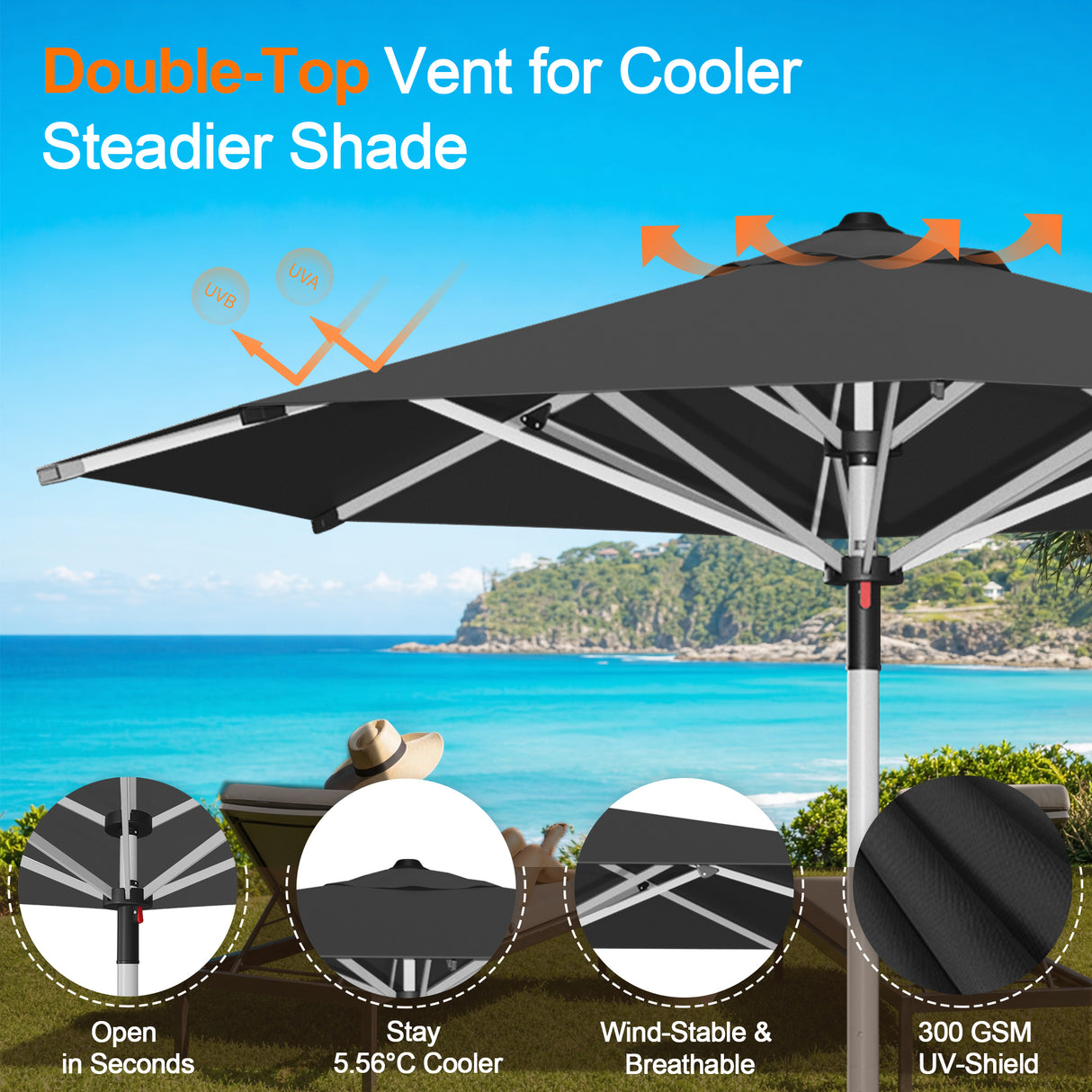 Patioslife Garden Parasol — Square & Round | Heavy-Duty Aluminium Pole, Double Vent Canopy | 2.7m, 3m & 3.35m