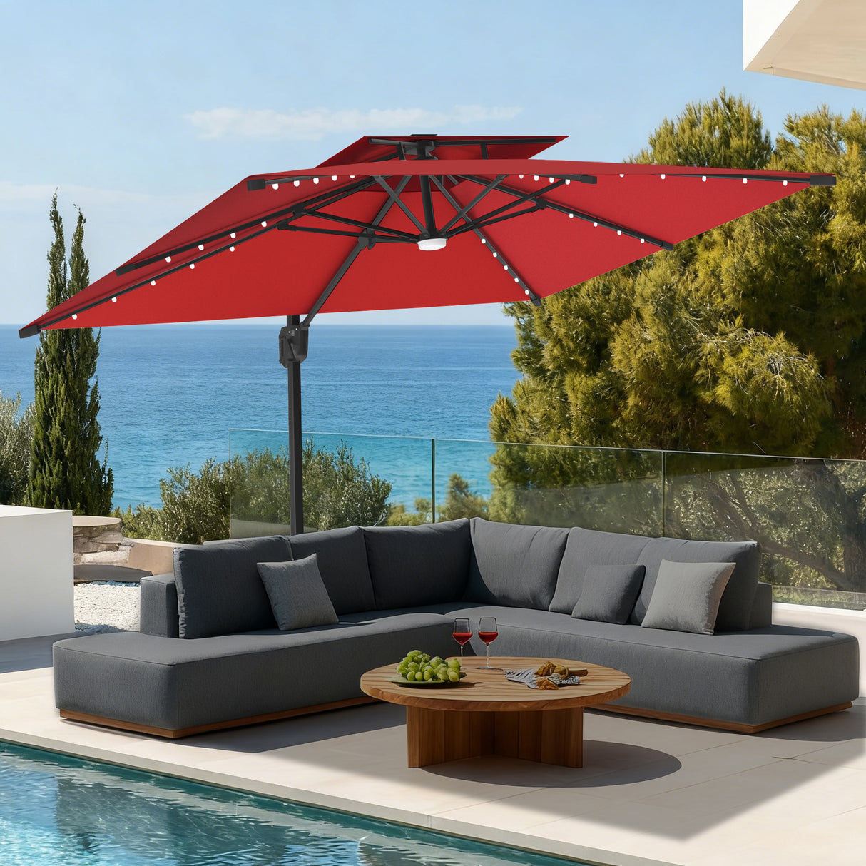 Patioslife Aegis Pro All-weather Cantilever Parasol with LED Lights, Reinforced & Powder-Coated Aluminium Ribs and Pole — Perfect for Garden & Patio