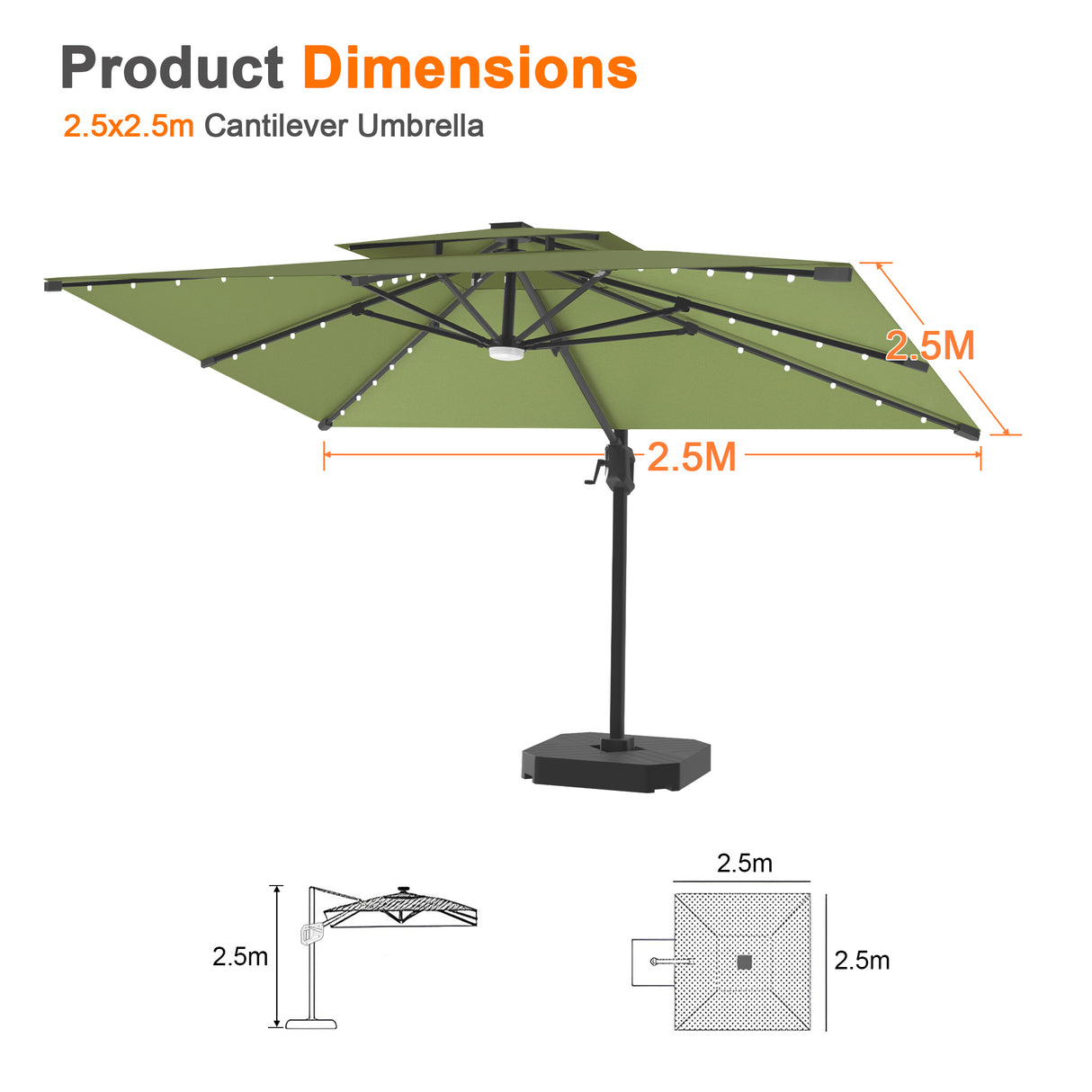 Patioslife Aegis Pro All-weather Cantilever Parasol with LED Lights, Reinforced & Powder-Coated Aluminium Ribs and Pole — Perfect for Garden & Patio