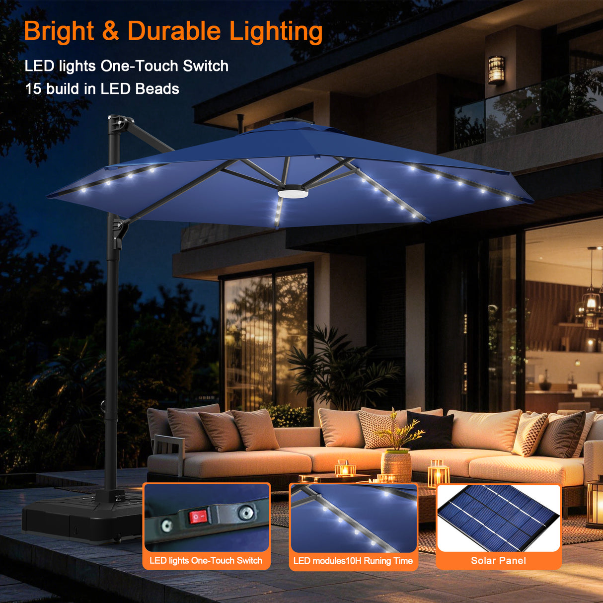 Patioslife Aegis Pro Round Cantilever Patio Umbrella with Solar LED Lights & Shade Protection