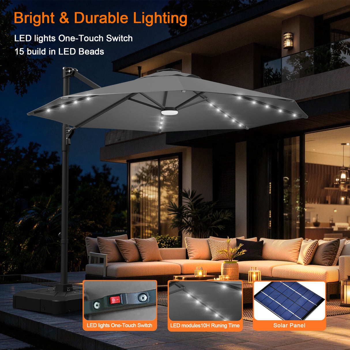 Patioslife Aegis Pro Round Cantilever Patio Umbrella with Solar LED Lights & Shade Protection