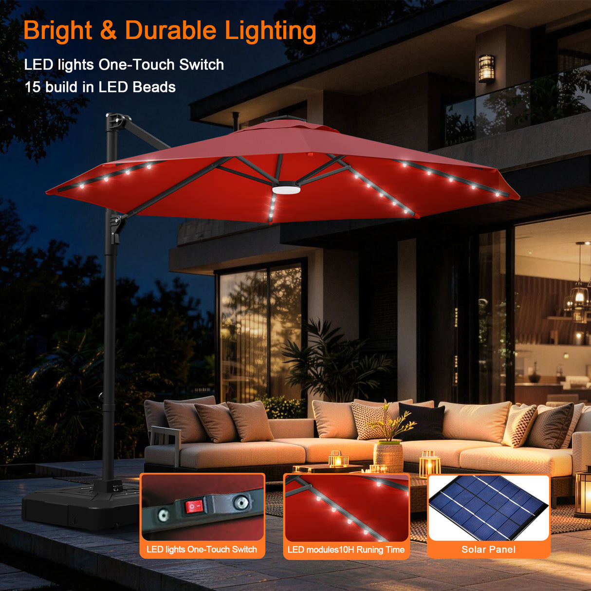 Patioslife Aegis Pro Round Cantilever Patio Umbrella with Solar LED Lights & Shade Protection