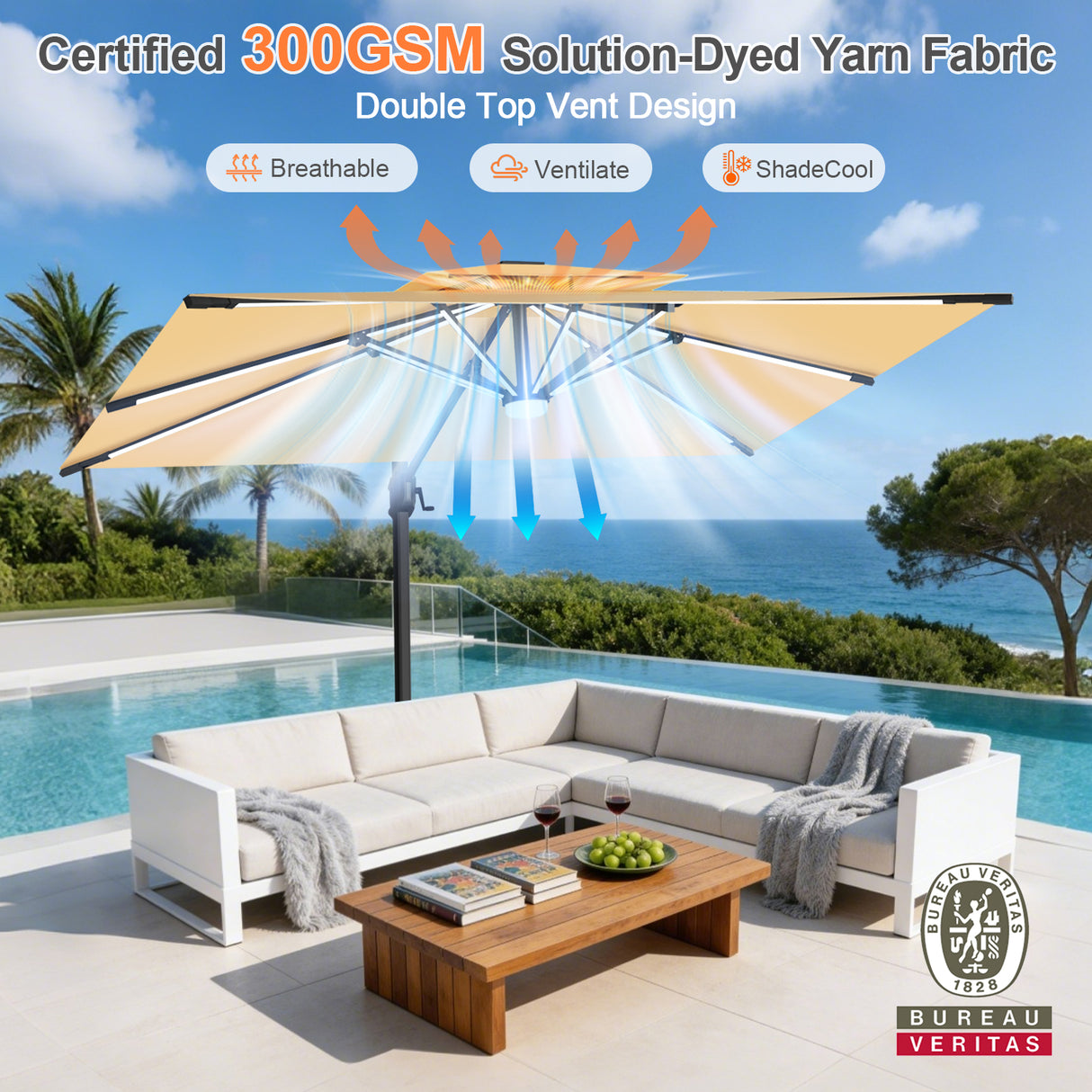 Patioslife Aegis Premium Cantilever Parasol with LED Strip Lights, Fibreglass Ribs & Powder-Coated Aluminium Pole — Luxury Garden & Patio Shade