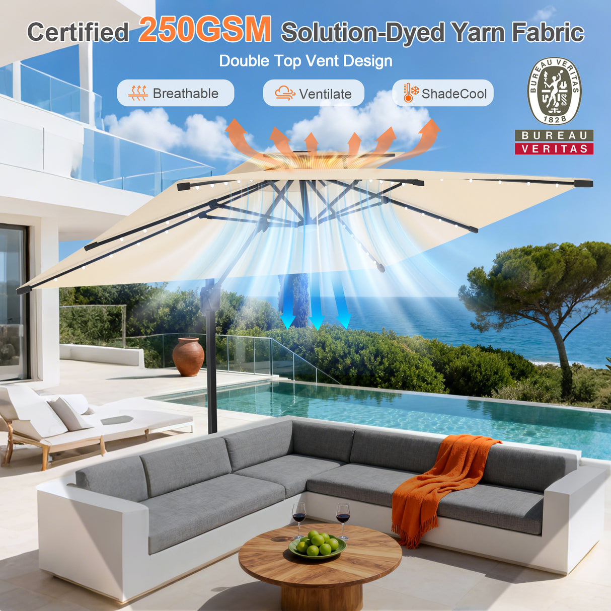 Patioslife Aegis Pro All-weather Cantilever Parasol with LED Lights, Reinforced & Powder-Coated Aluminium Ribs and Pole — Perfect for Garden & Patio