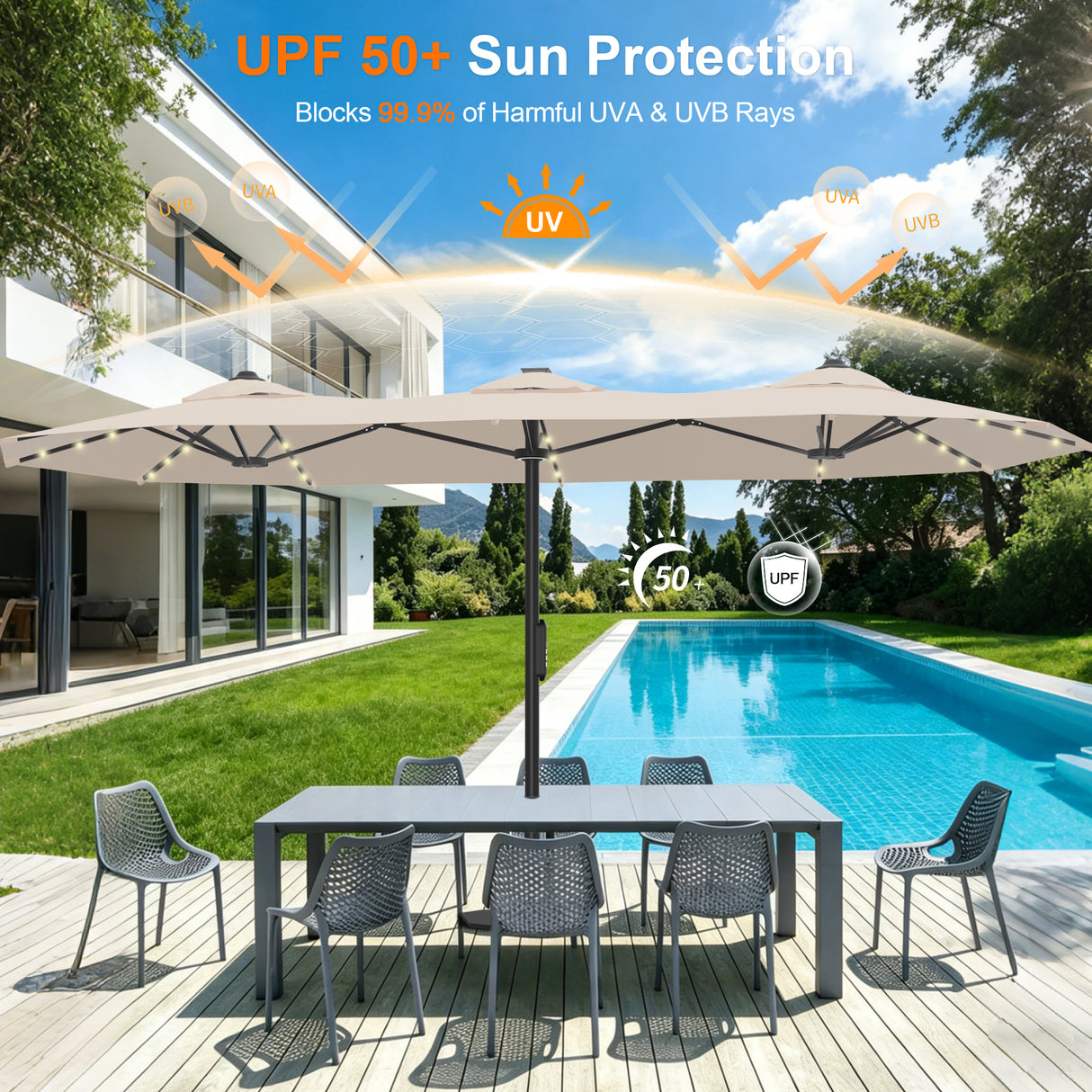 Patioslife Aegis Premium 2.7x4.6m Motorized Garden Parasol — Double-Sided, Remote Control, UPF 50+, Solar LED Lights & Windproof Frame