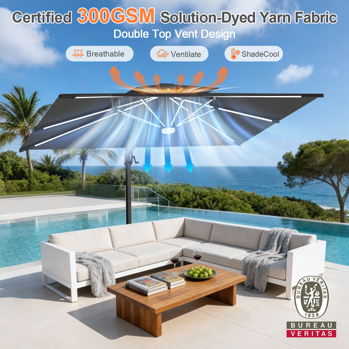 Patioslife Aegis Premium Cantilever Parasol with LED Strip Lights, Fibreglass Ribs & Powder-Coated Aluminium Pole — Luxury Garden & Patio Shade