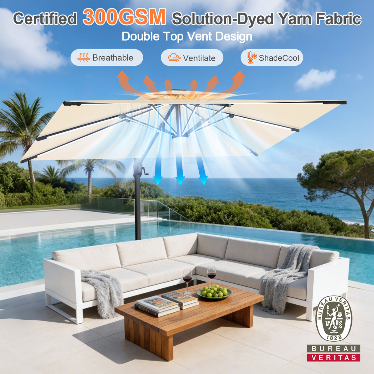 Patioslife Aegis Premium Cantilever Parasol with LED Strip Lights, Fibreglass Ribs & Powder-Coated Aluminium Pole — Luxury Garden & Patio Shade