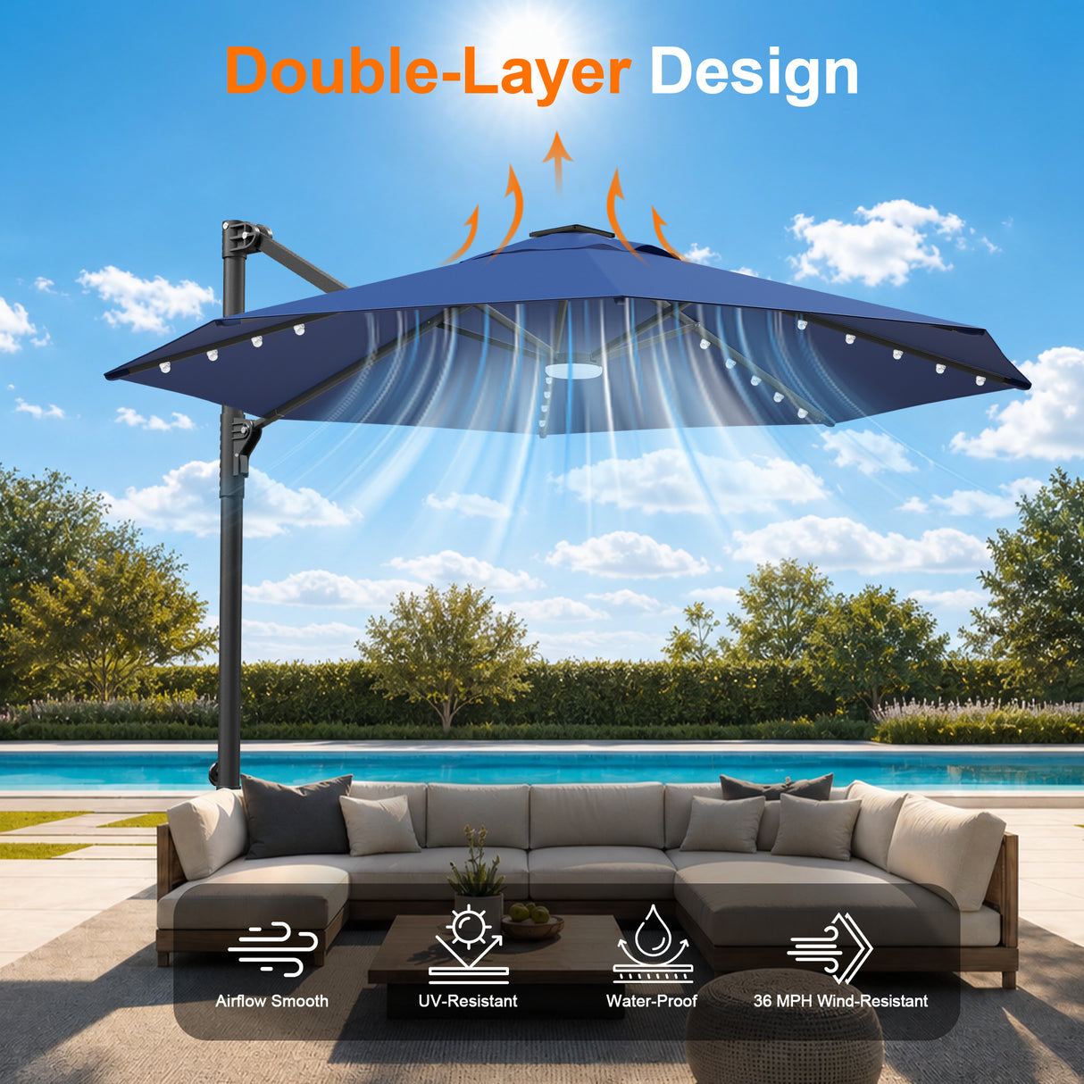 Patioslife Aegis Pro Round Cantilever Patio Umbrella with Solar LED Lights & Shade Protection