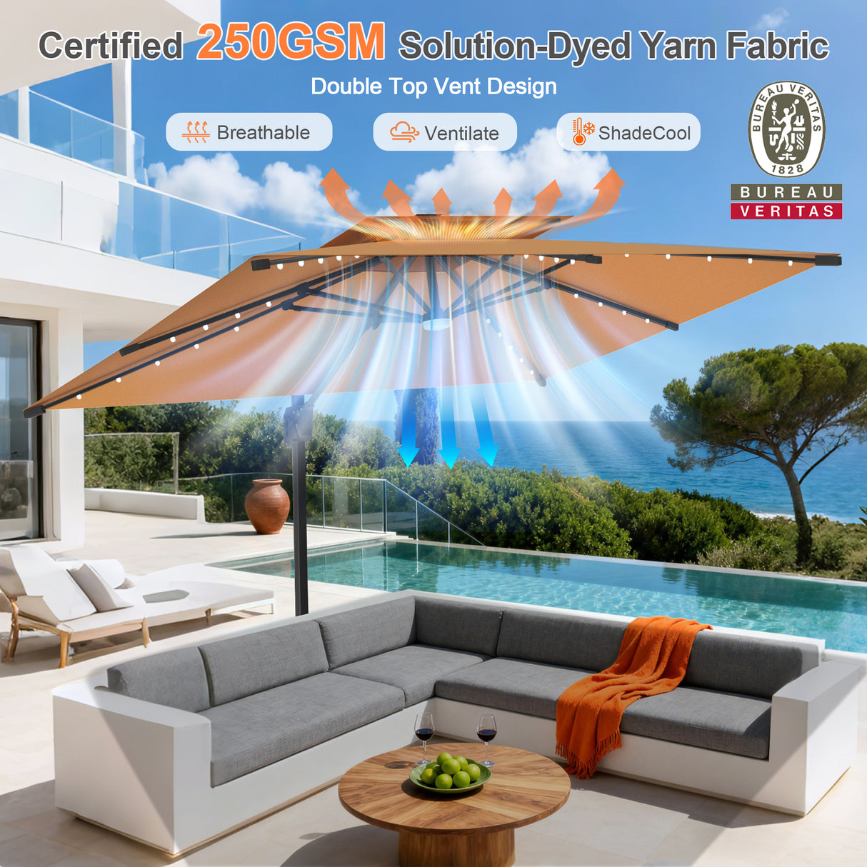 Patioslife Aegis Pro All-weather Cantilever Parasol with LED Lights, Reinforced & Powder-Coated Aluminium Ribs and Pole — Perfect for Garden & Patio