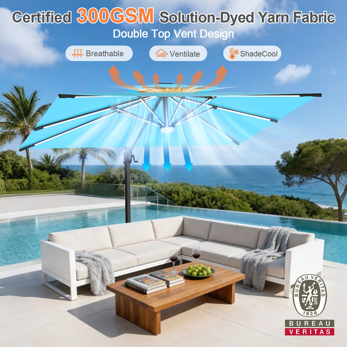 Patioslife Aegis Premium Cantilever Parasol with LED Strip Lights, Fibreglass Ribs & Powder-Coated Aluminium Pole — Luxury Garden & Patio Shade