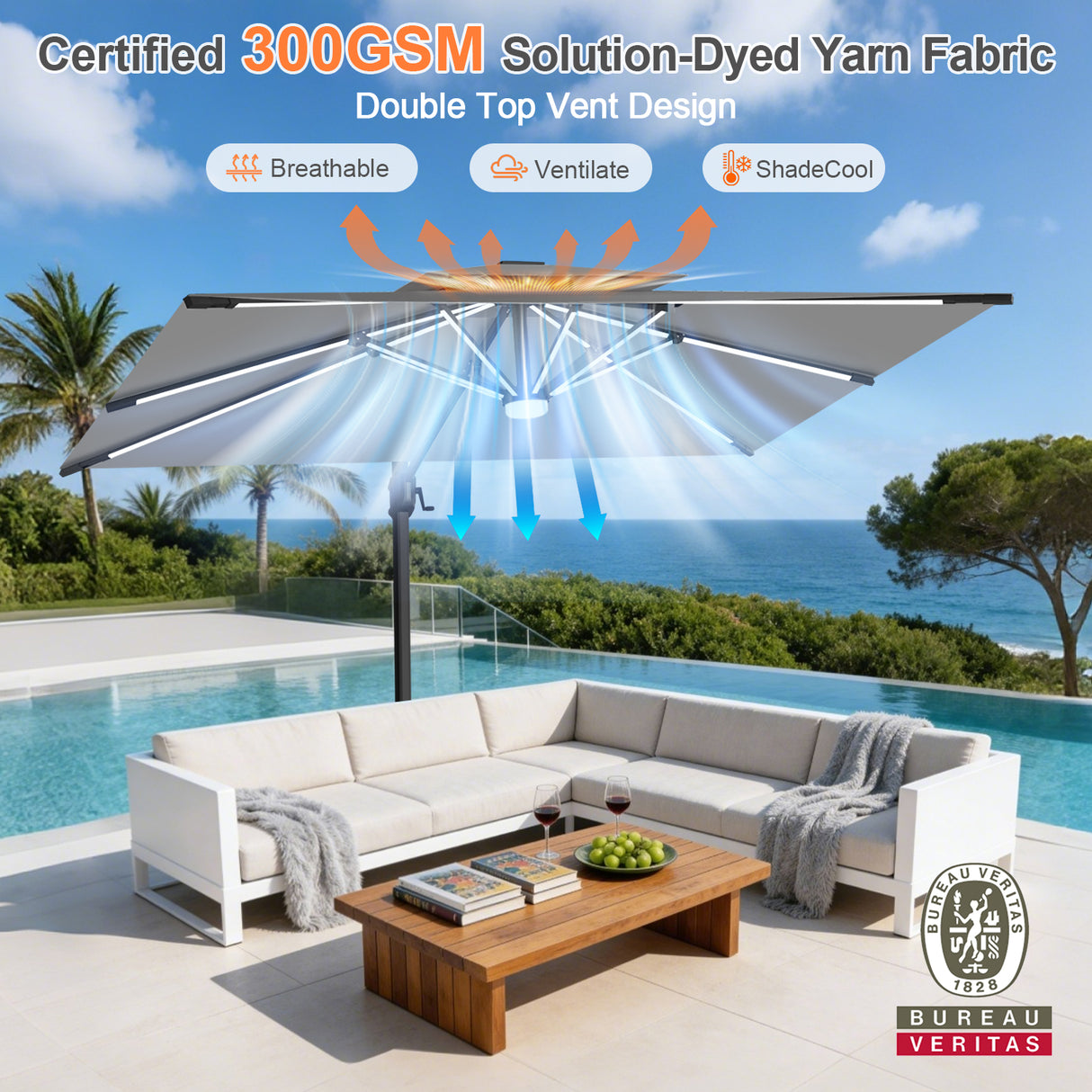 Patioslife Aegis Premium Cantilever Parasol with LED Strip Lights, Fibreglass Ribs & Powder-Coated Aluminium Pole — Luxury Garden & Patio Shade