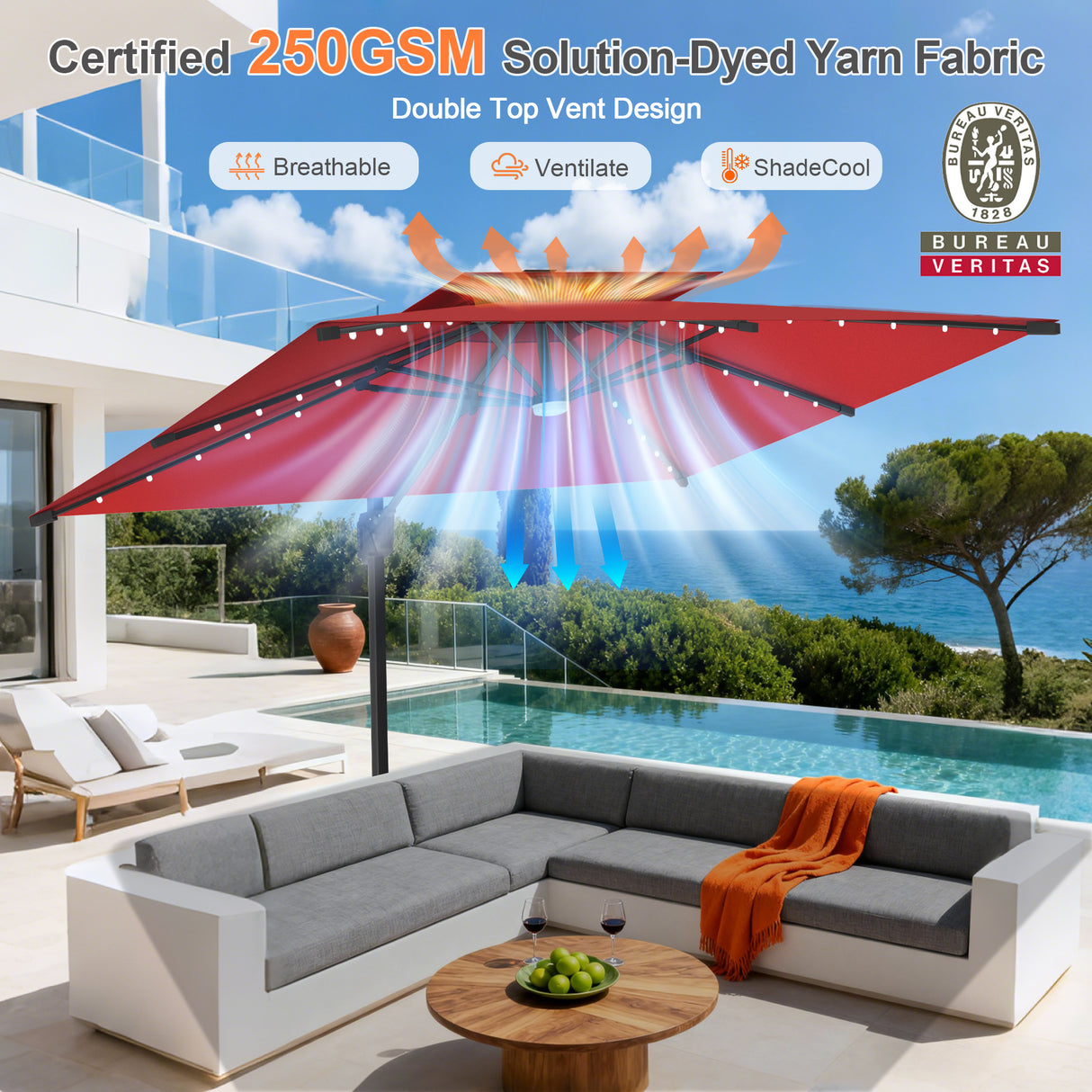 Patioslife Aegis Pro All-weather Cantilever Parasol with LED Lights, Reinforced & Powder-Coated Aluminium Ribs and Pole — Perfect for Garden & Patio