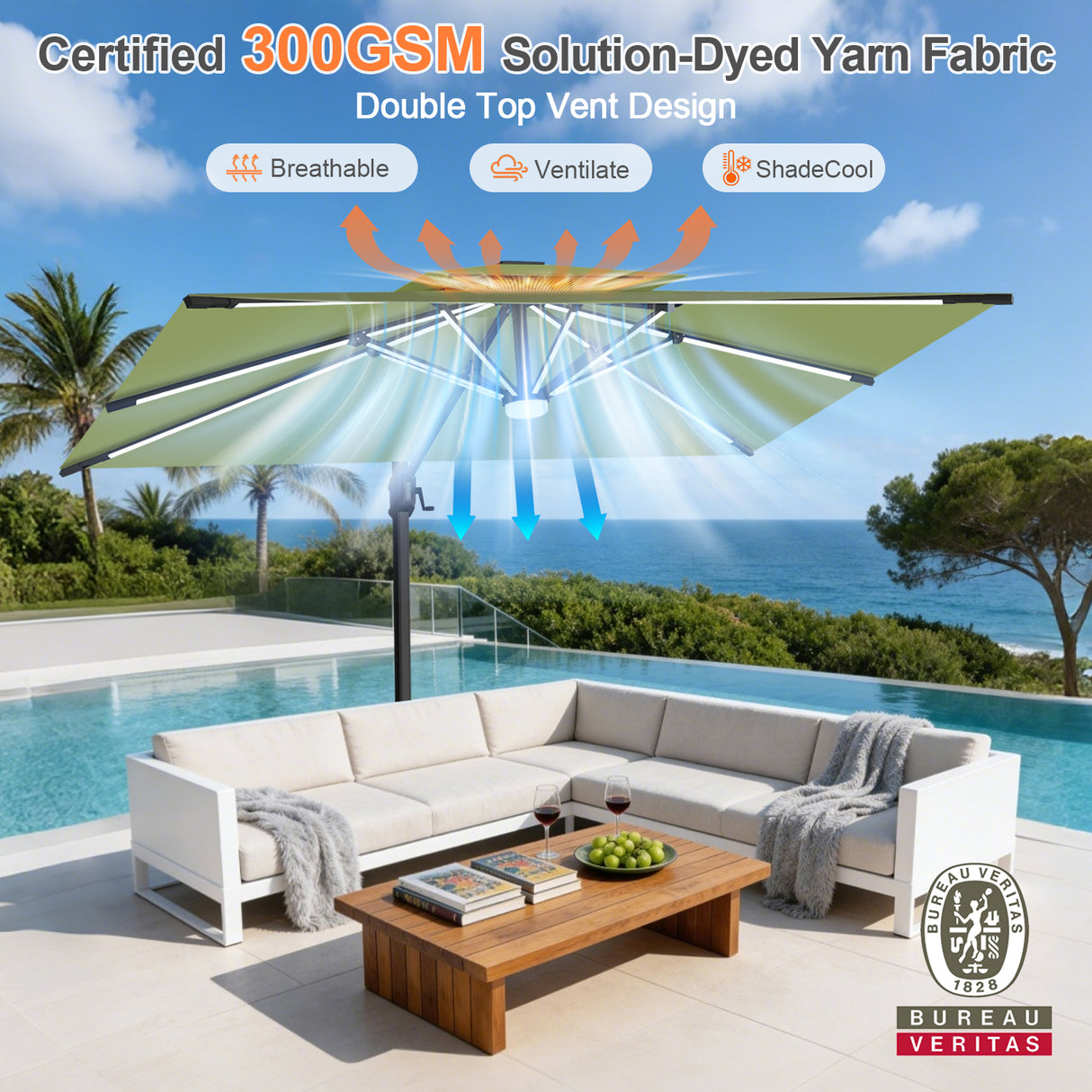 Patioslife Aegis Premium Cantilever Parasol with LED Strip Lights, Fibreglass Ribs & Powder-Coated Aluminium Pole — Luxury Garden & Patio Shade