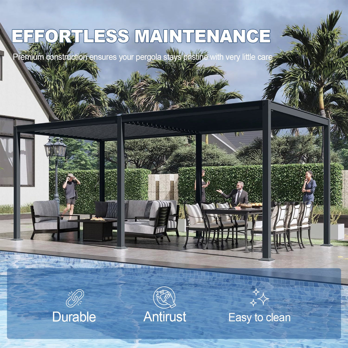 Patioslife Atlantic™ | 3 x 6m Contemporary Aluminium Louvered Pergola with Adjustable Louvers & LED Lighting, Stylish Outdoor Pavilion for Patio & Entertaining
