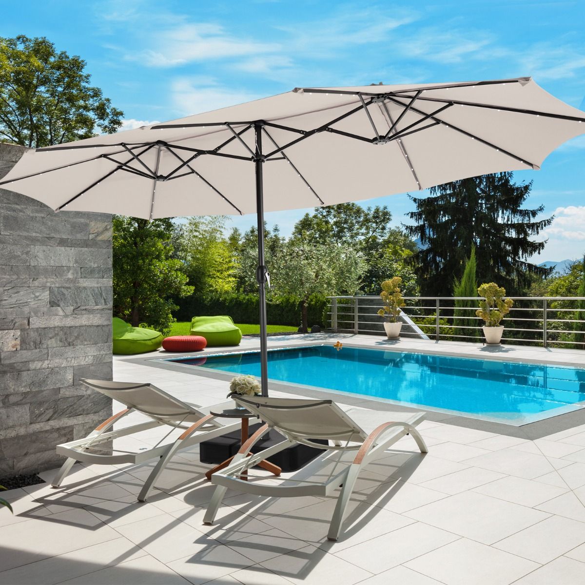 Patioslife Horizon Haven™ 4.6x2.7m Double-Sided Patio Parasols with LED Lights base and cover