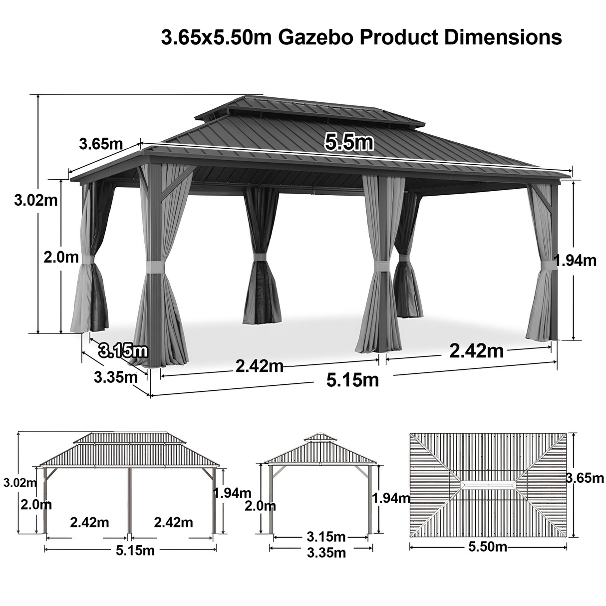 Patioslife Haven Hardtop Gazebo – Heavy-Duty Aluminium Frame, Double-Vented Roof & Curtains, Patio Pergola for Garden or Backyard