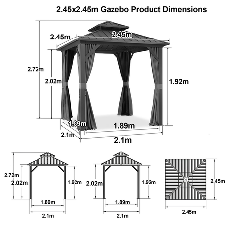 Patioslife Haven，Hardtop Gazebo，Heavy-Duty Aluminium Frame，Double-Vented Roof，Curtains Included，Patio Pergola，Garden Pavilion，Backyard Shelter，Outdoor Entertaining，Weatherproof，Sunshade & Rain Protection，Modern Outdoor Furniture，Luxury Patio Structure，Contemporary Design，Durable Construction，Premium Outdoor Living,2.45*2.45m