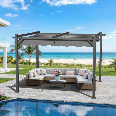 Patioslife 3x3.65 grey aluminium gazebo with retractable canopy over outdoor lounge set by pool