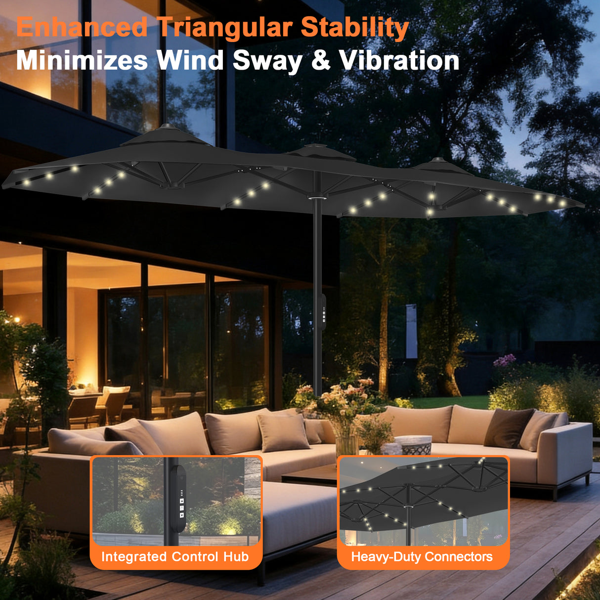 Patioslife Aegis Premium 2.7x4.6m Motorized Garden Parasol — Double-Sided, Remote Control, UPF 50+, Solar LED Lights & Windproof Frame