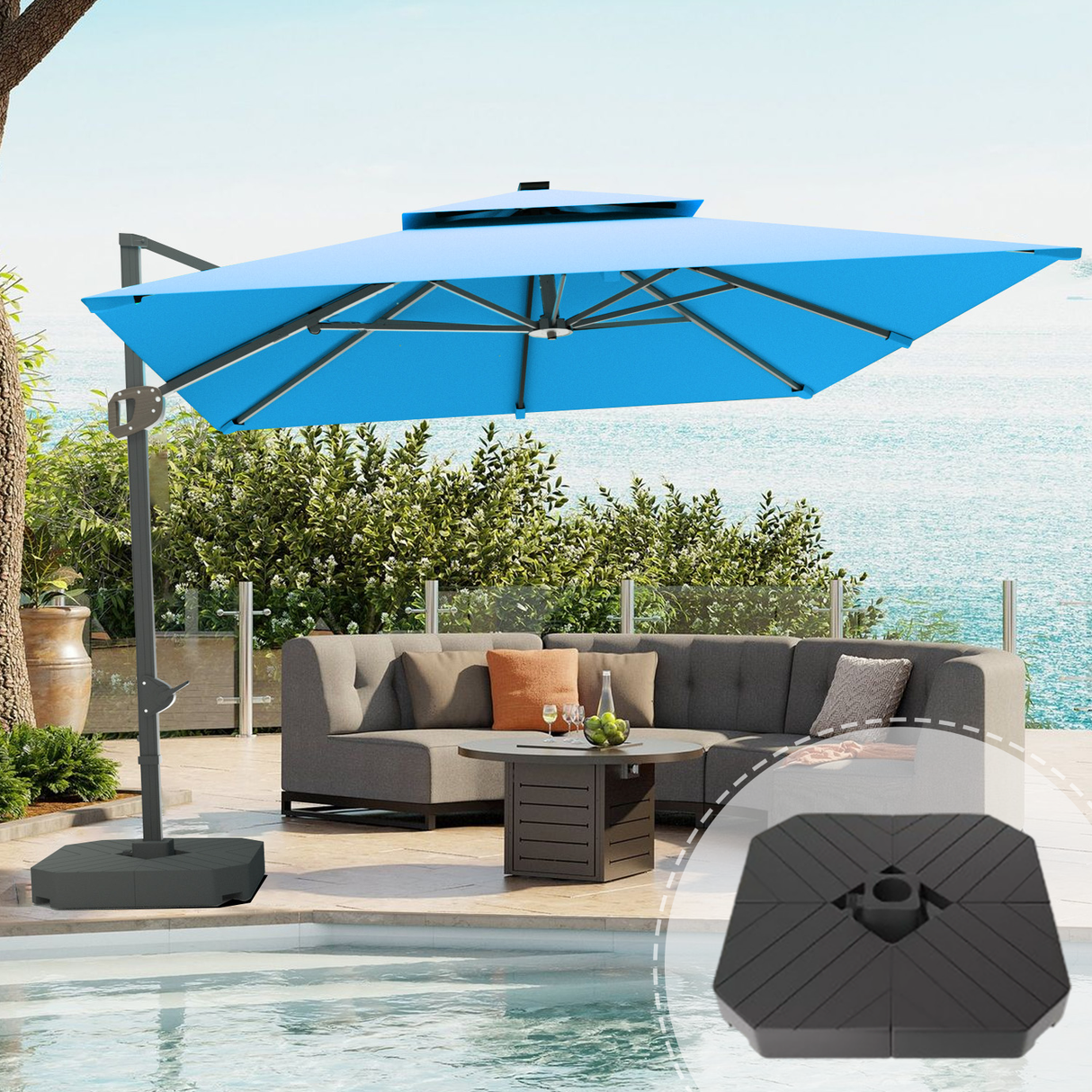 Patioslife Aegis Pro™ Cantilever Parasol with Base & Protective Cover — Fibreglass Ribs & Powder-Coated Aluminium Pole for Garden & Patio