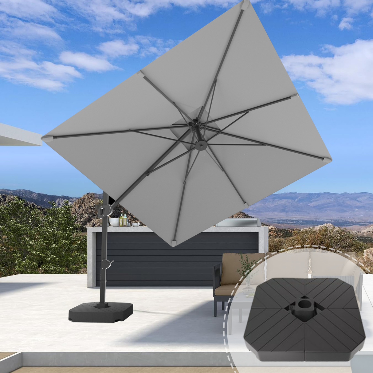 Patioslife Aegis Pro™ Cantilever Parasol with Base & Protective Cover — Fibreglass Ribs & Powder-Coated Aluminium Pole for Garden & Patio