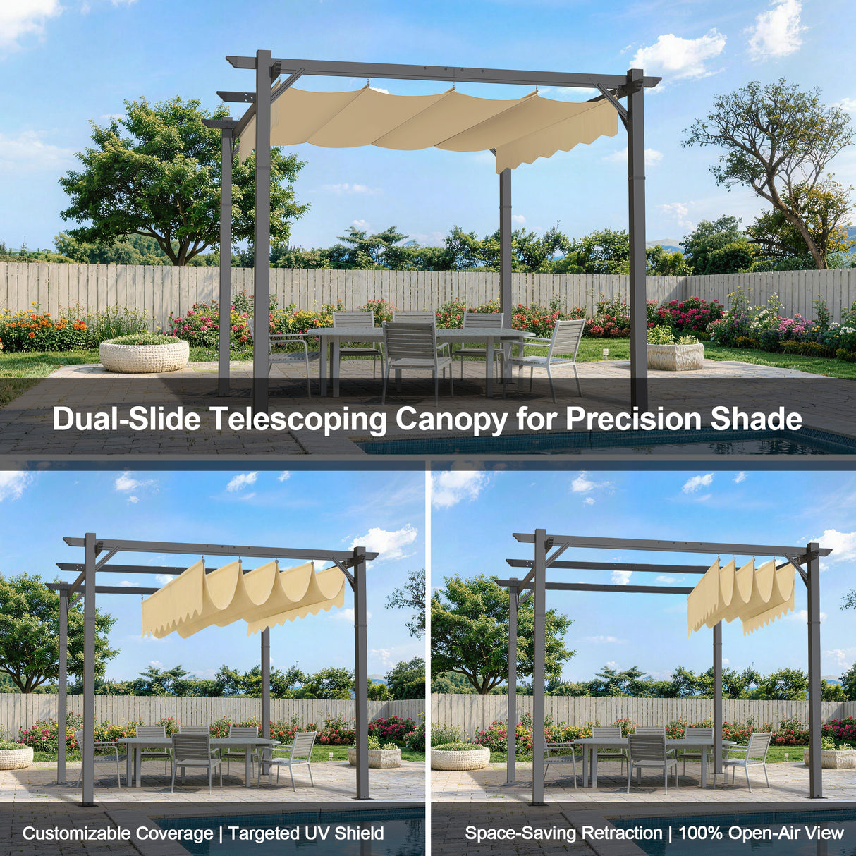 Patioslife Atlantic Retractable Pergola with Adjustable Canopy — Heavy-Duty Outdoor Shade Structure