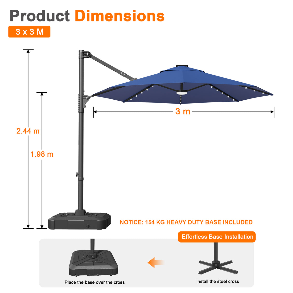 Patioslife Aegis Pro Round Cantilever Patio Umbrella with Solar LED Lights & Shade Protection