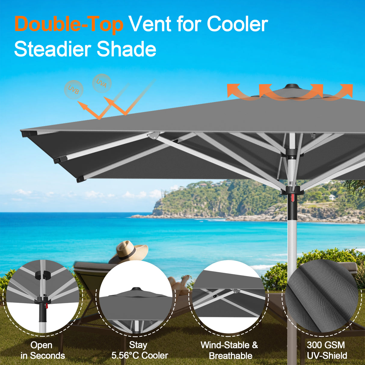 Patioslife Garden Parasol — Square & Round | Heavy-Duty Aluminium Pole, Double Vent Canopy | 2.7m, 3m & 3.35m