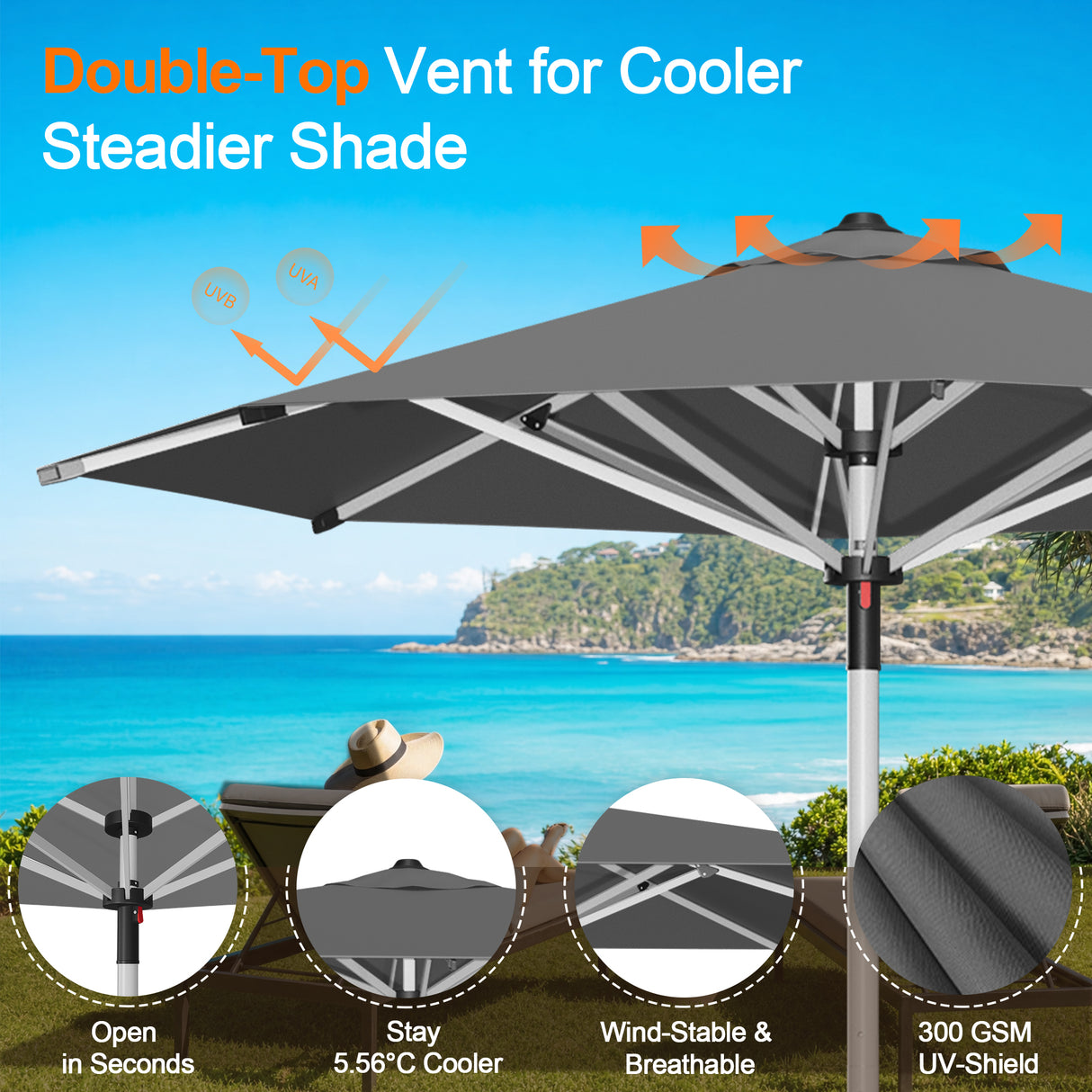 Patioslife Garden Parasol — Square & Round | Heavy-Duty Aluminium Pole, Double Vent Canopy | 2.7m, 3m & 3.35m