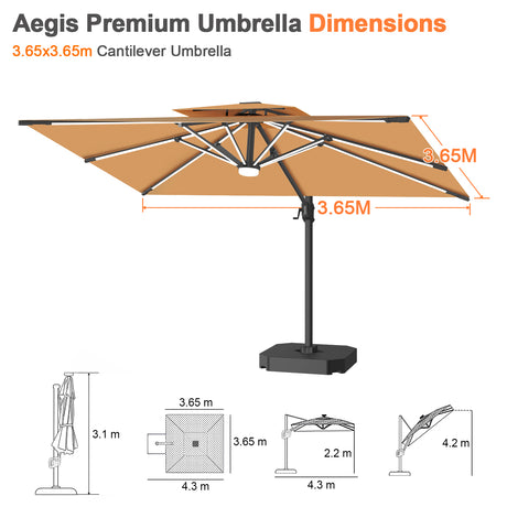 Patioslife Aegis Premium 3.65x3.65m cantilever umbrella dimensions with tan canopy and patio base