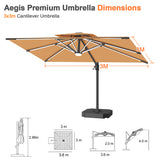 Patioslife Aegis Premium 3x3m cantilever umbrella dimensions with tan canopy and offset base