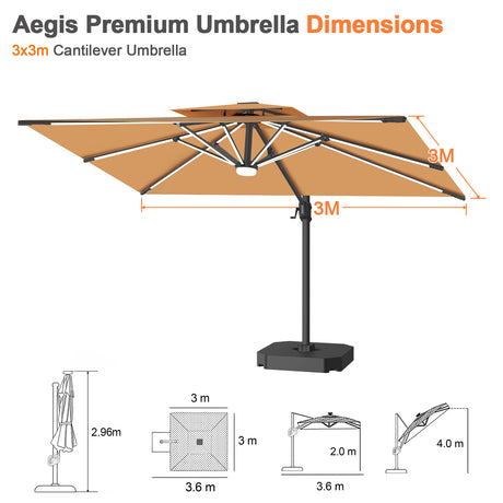 Patioslife Aegis Premium 3x3m cantilever umbrella dimensions with tan canopy and offset base