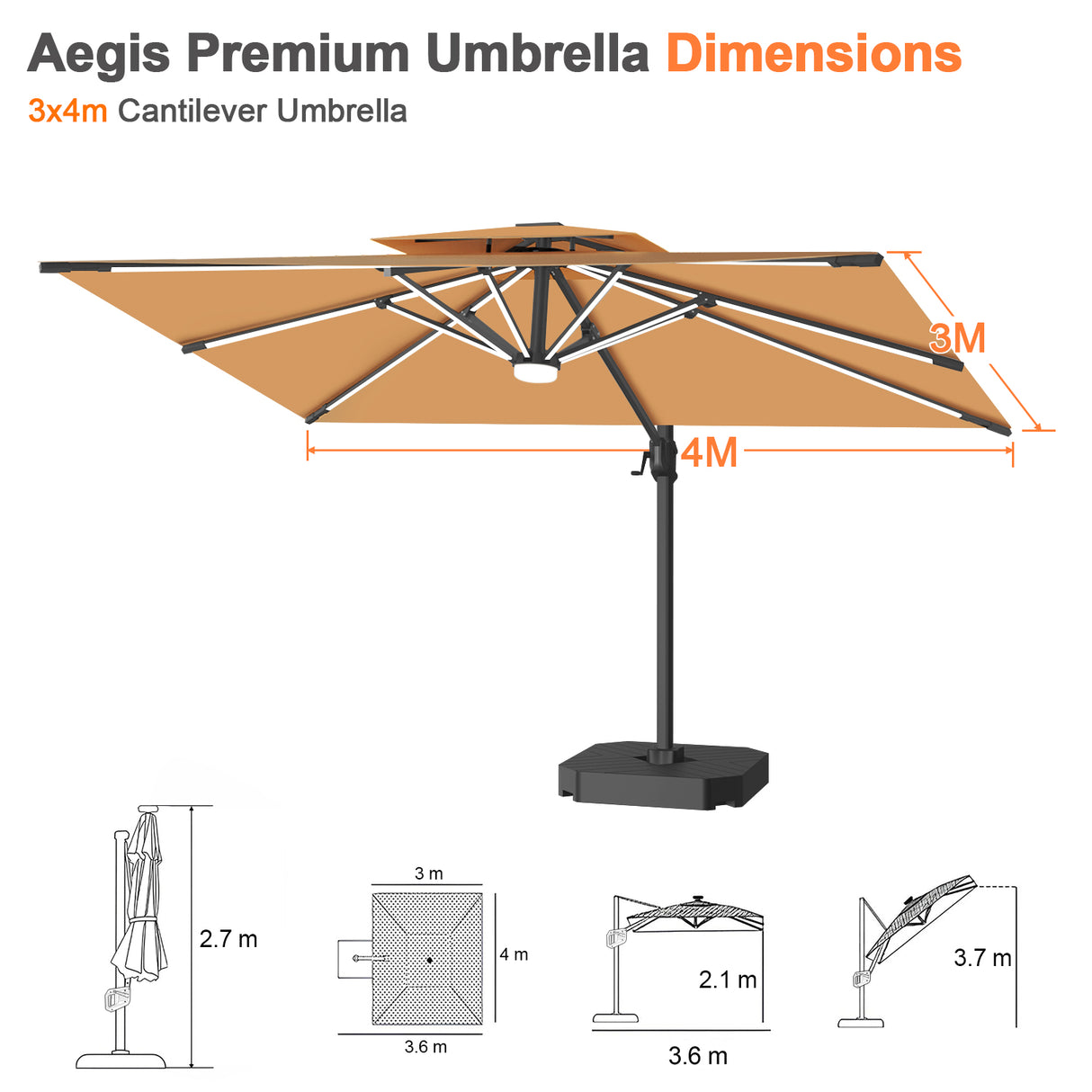 Patioslife Aegis Premium 3x4m cantilever umbrella dimensions with tan canopy and offset pole