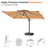 Patioslife Aegis Premium 3x4m cantilever umbrella dimensions with tan canopy and offset pole