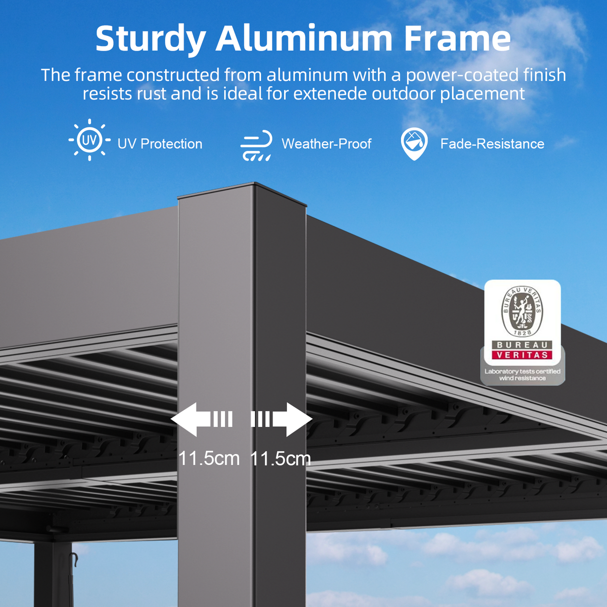 Patioslife Atlantic pergola sturdy aluminium frame with powder coated finish, UV protection, weatherproof design and fade resistance
