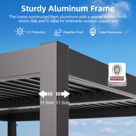 Patioslife Atlantic pergola sturdy aluminium frame with powder coated finish, UV protection, weatherproof design and fade resistance
